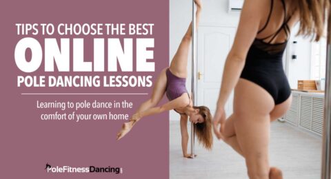 a pole dancer doing a split while watching online pole lessons for home