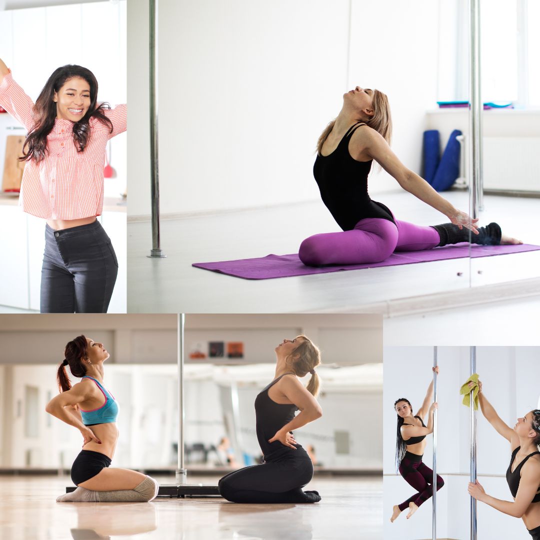 Pole Dancer Stretching On Yoga Mat For Fitness Collage